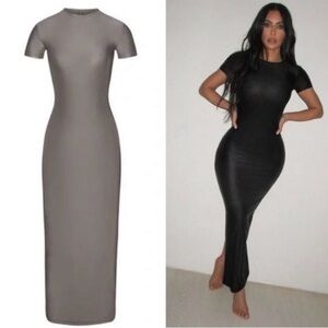 Skims Shine Spandex Jersey Long Short Sleeve Crewneck Maxi Dress NWT Gray Chalk